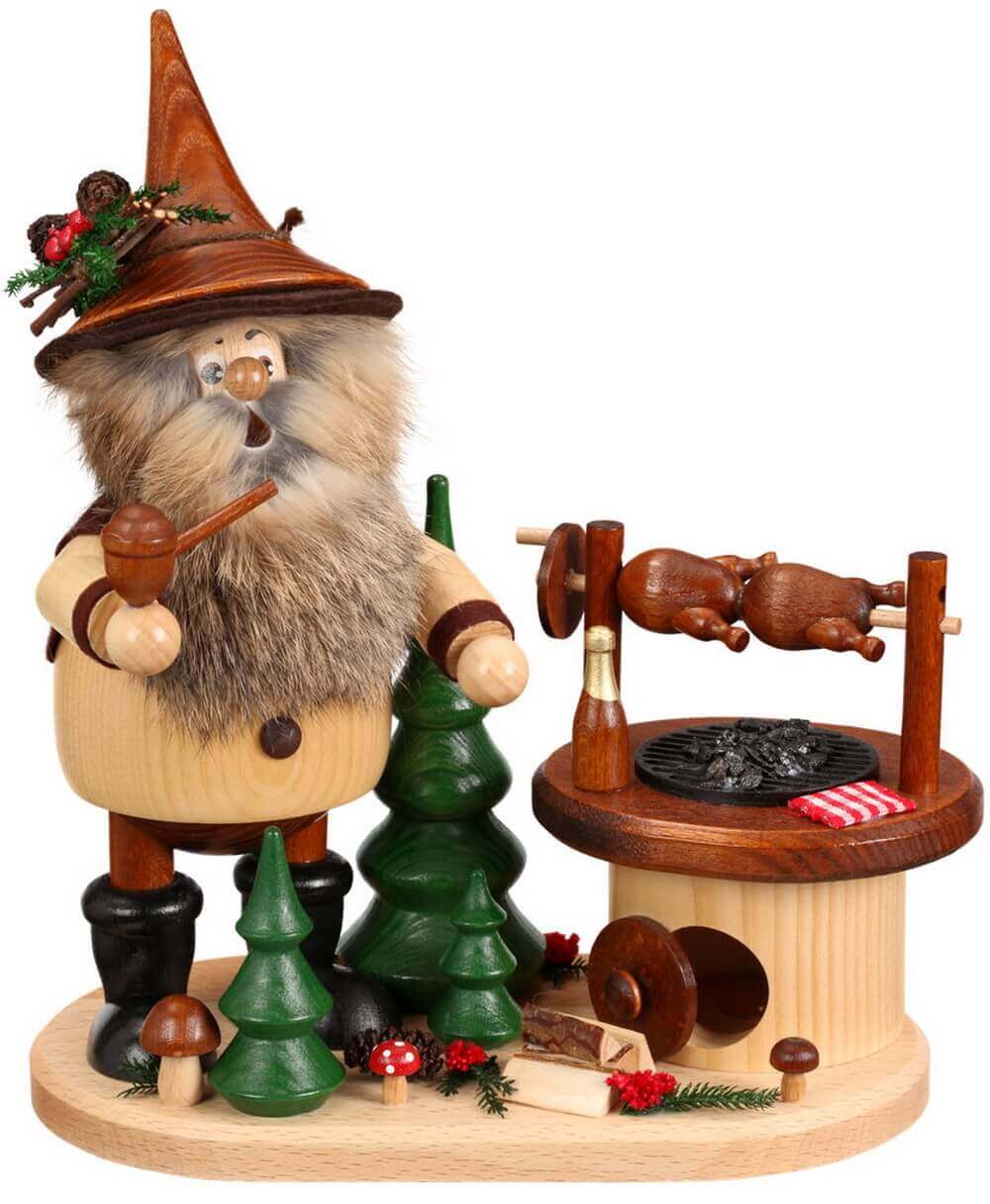 Smoking man gnome at the rotary grill, 26 cm by DWU Drechselwerkstatt Uhlig