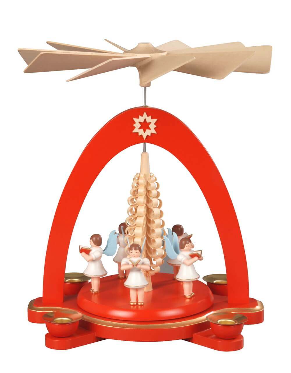 Christmas pyramid with 5 angels, red, 28 cm by Albin Preißler
