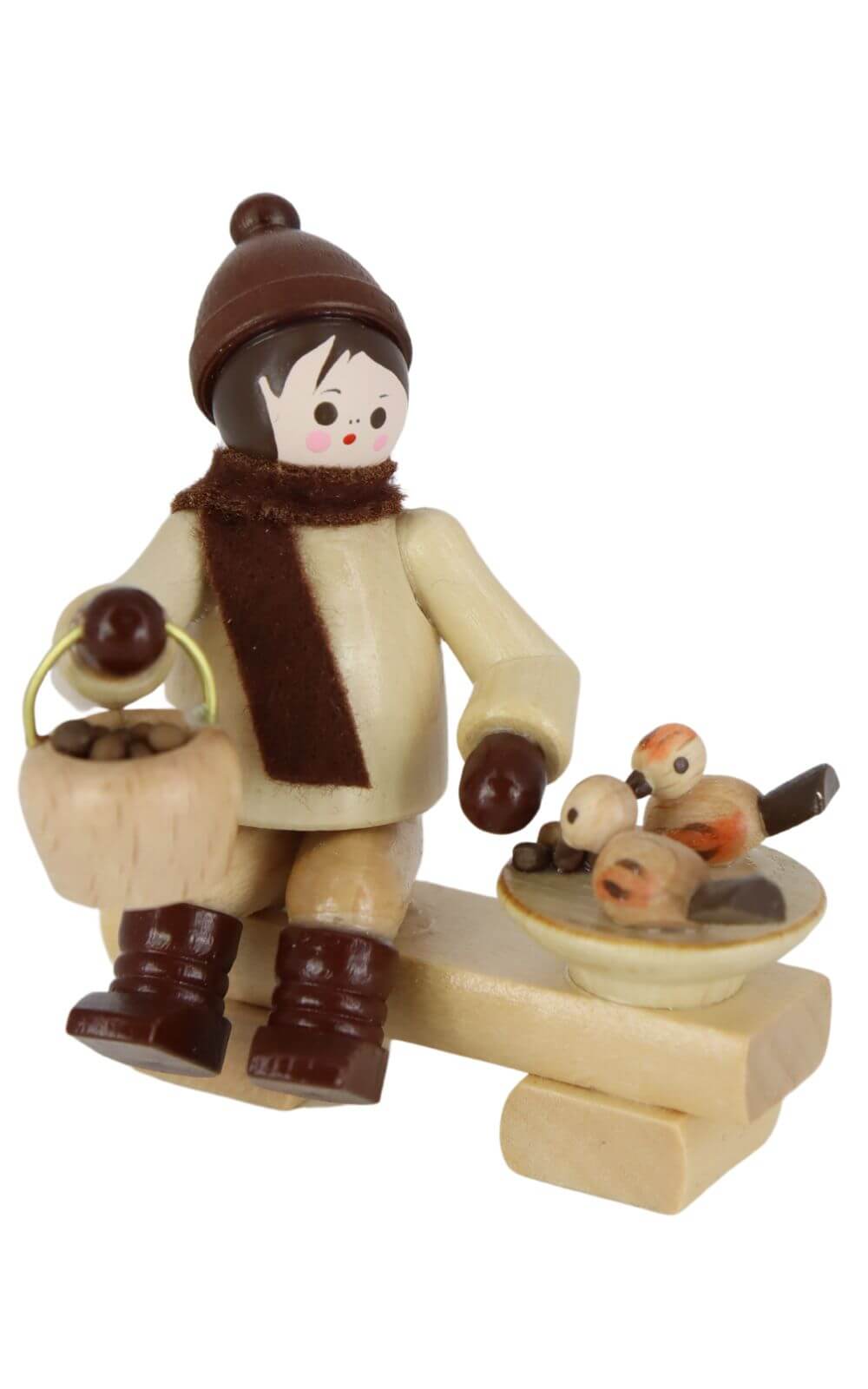 Miniature - Boy sitting on bench feeding birds, 6 cm by Romy Thiel