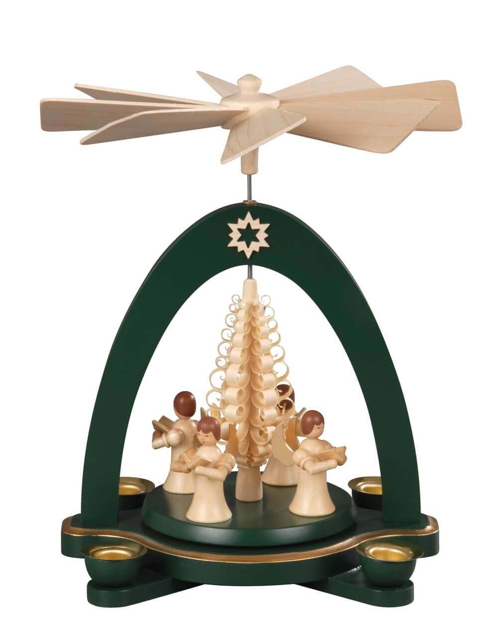 Christmas pyramid with 4 angels and chip tree, green, 20 cm by Albin Preißler