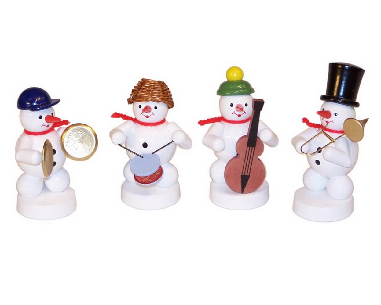 Miniature snowman band with bass violin, cymbals, drum, trombone by Ralf Zenker