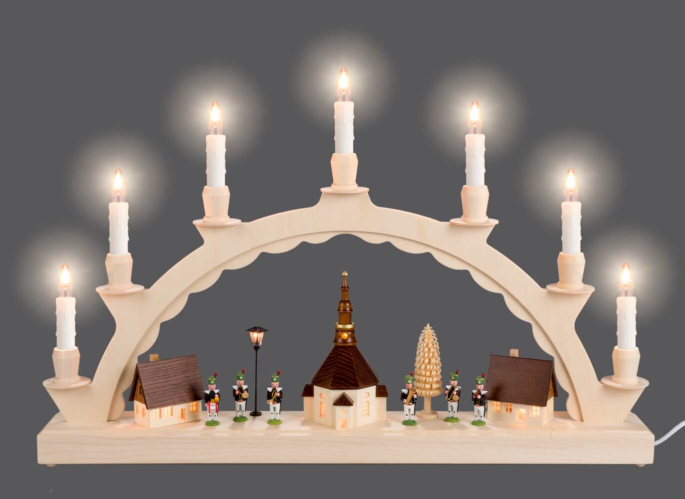 Candle arch Seiffen village with miner's chapel and street lamp by SEIFFEN.COM_2
