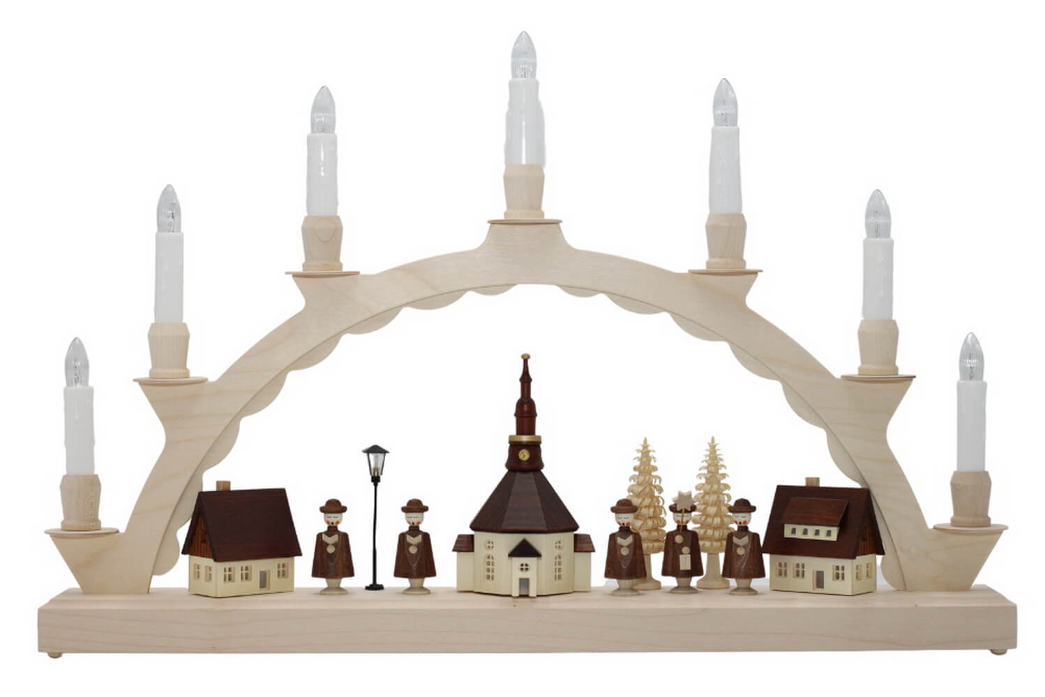 Candle arch with Seiffen village, illuminated Street lamp and church clock from SEIFFEN.COM_2