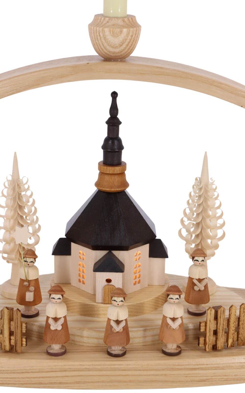 LED candle arch with illuminated Seiffen church, houses and lanterns, 54 cm by Knuth Neuber_4