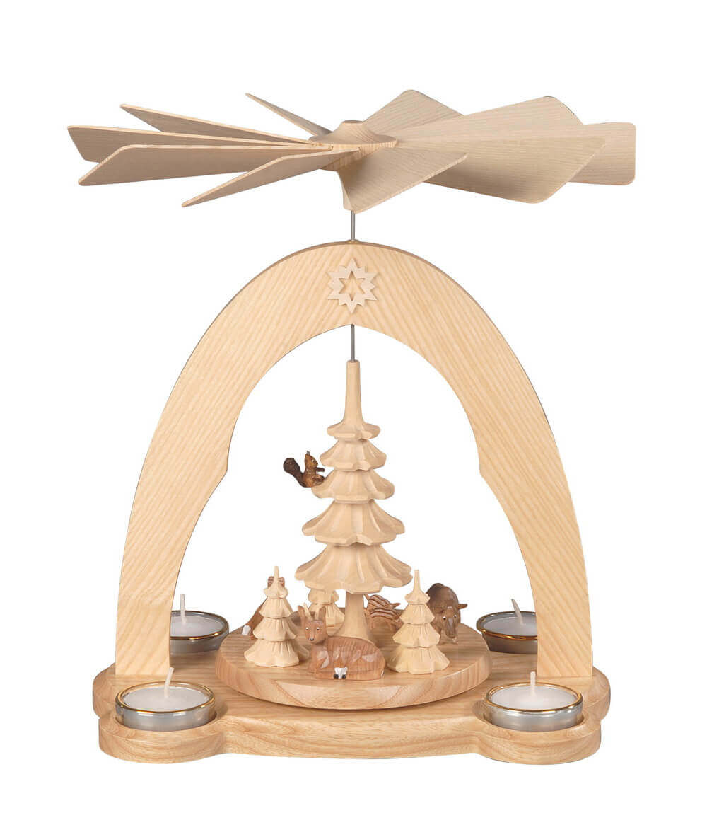Christmas pyramid for tea lights with forest animals and trees, natural, 28 cm by Albin Preißler