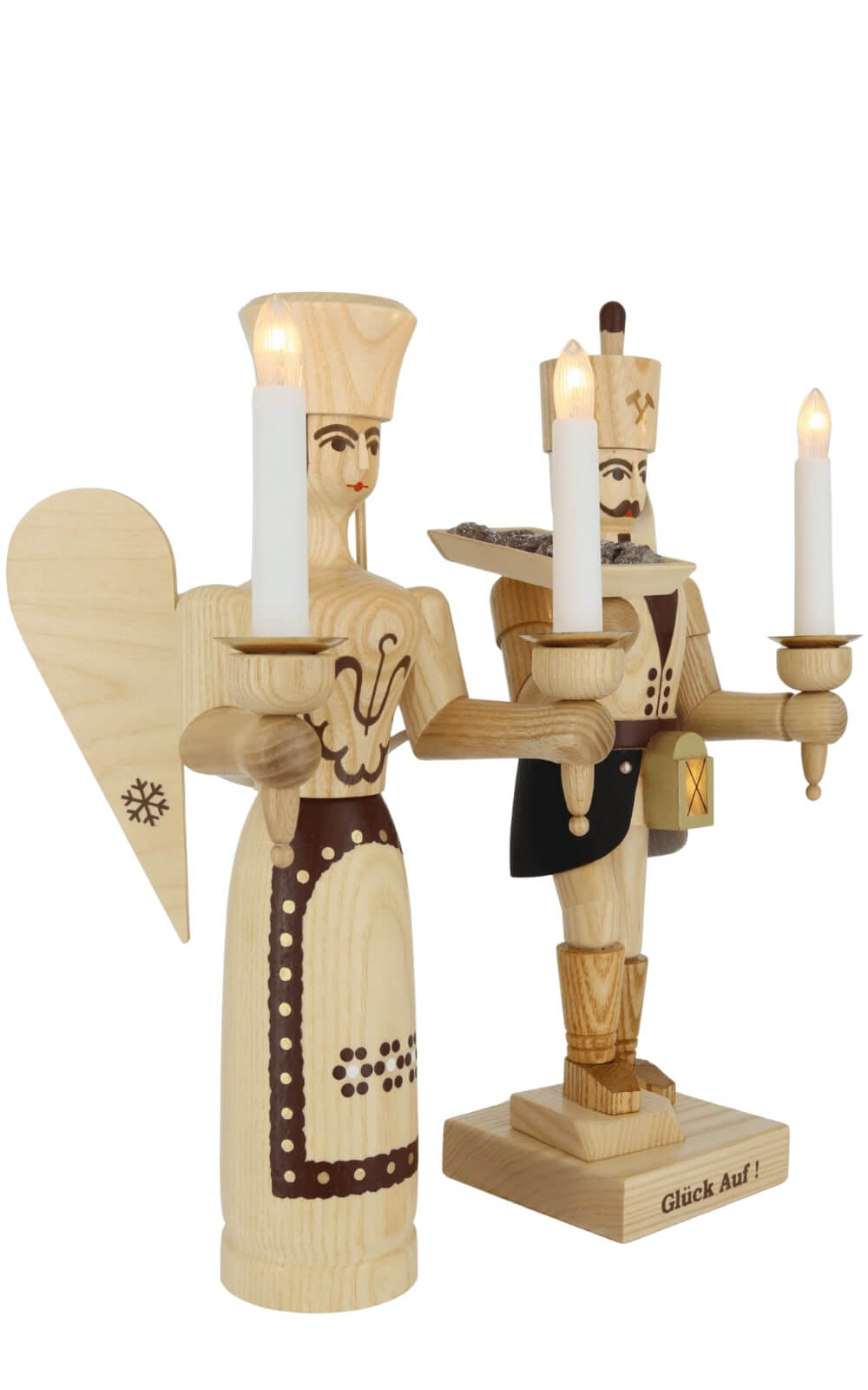 Angel and miner with ore bowl and belly lamp, 34 cm / 13,4 inch, natural, electrically illuminated by SEIFFEN.COM_1