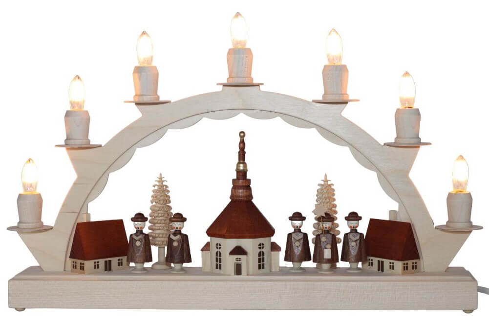 LED Candle arch Seiffen village with Kurrende, 38 cm from SEIFFEN.COM