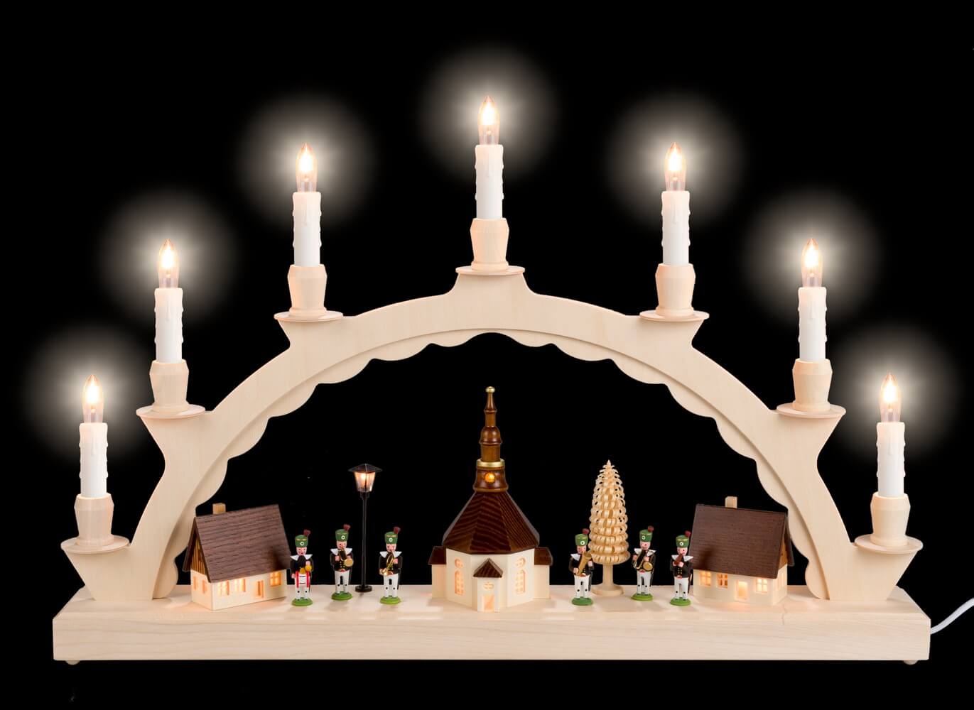 Candle arch Seiffen village with miner's chapel and street lamp by SEIFFEN.COM_1