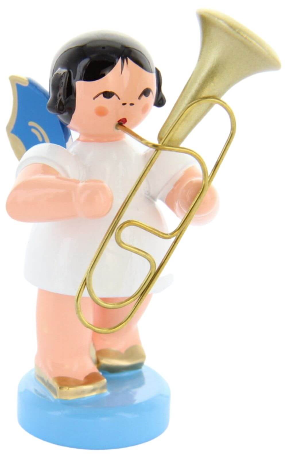 Christmas angel with baritone and blue wings by Figurenland Uhlig