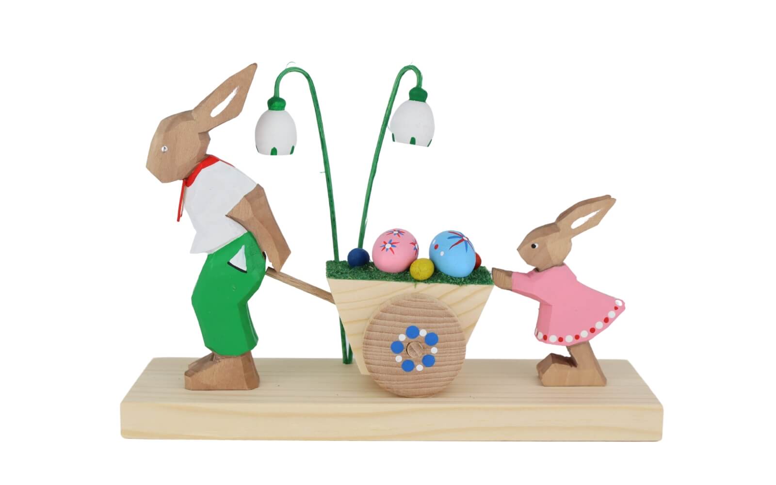 Easter bunny man with child and cart, carved by Bettina Franke