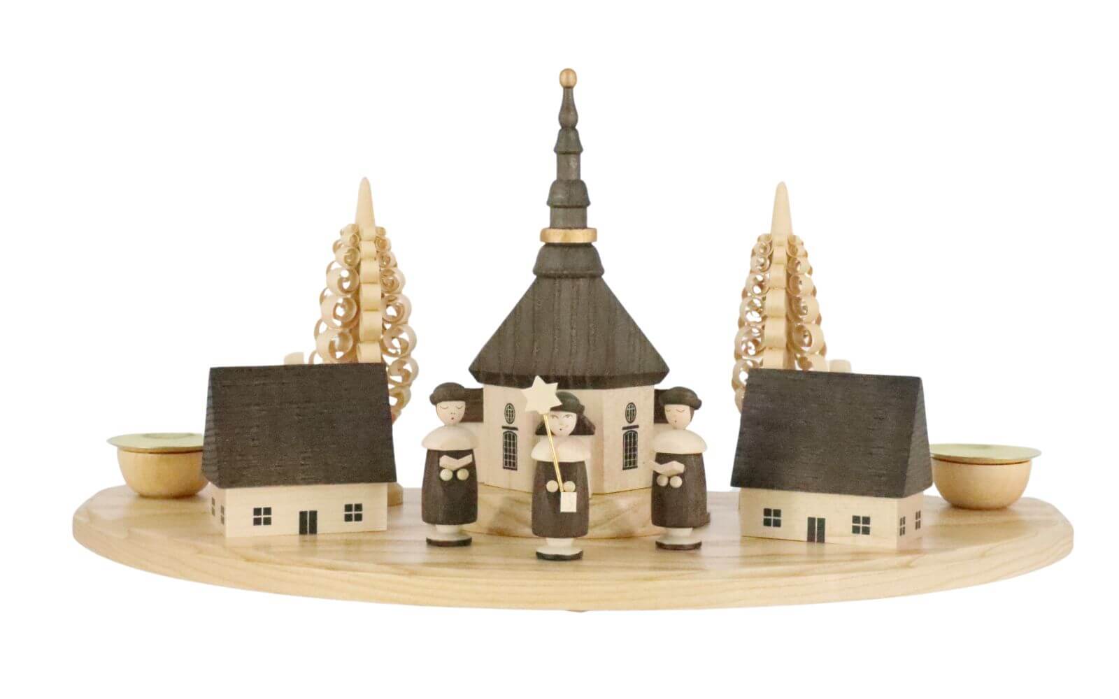 Candle holder with Seiffen village and currende, natural, 30 cm by Albin Preißler_1