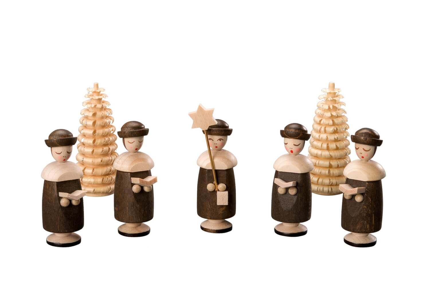 Kurrendefiguren with hat, 5 pieces and 2 Ringelbäumchen, nature by Albin Preißler
