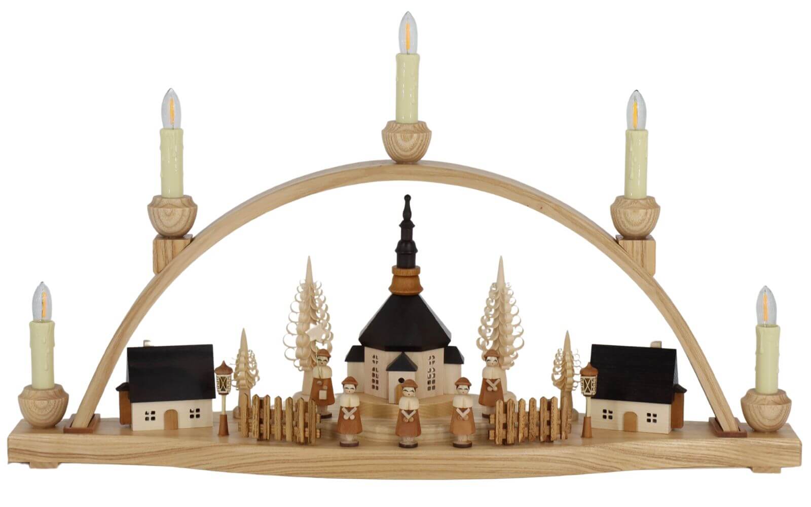 LED candle arch with illuminated Seiffen church, houses and lanterns, 54 cm by Knuth Neuber_2
