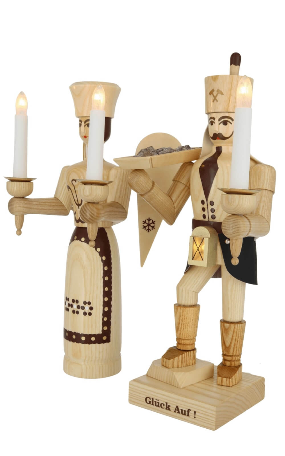 Angel and miner with ore bowl and belly lamp, 34 cm / 13,4 inch, natural, electrically illuminated by SEIFFEN.COM_2